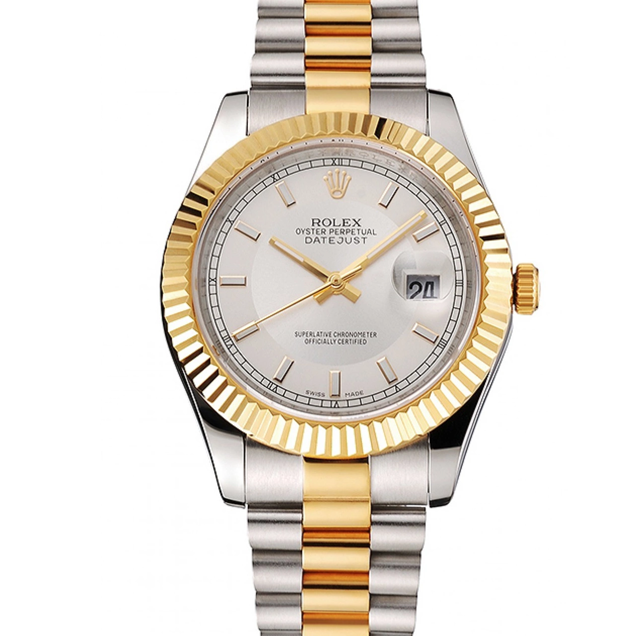 Aaa replica watch Rolex White Two Gold Tone Case Swiss Stainless Steel Bezel Bracelet Datejust Gold Dial 0806